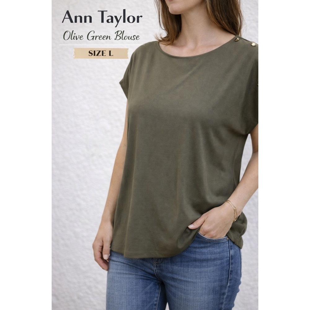 Ann Taylor Olive Green Blouse Women Size L Cap Sleeve Button Shoulder Work Top